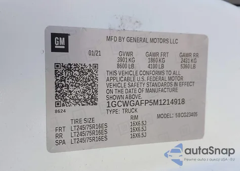 2021 Chevrolet Express Cargo Rwd 2500 Regular Wheelbase Wt из США, поврежденный, VIN 1GCWGAFP5M1214918